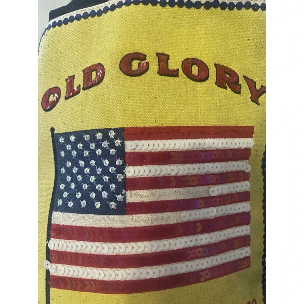 Americana Fruit Packing Co Sequin Flag Canvas Drawstring Backpack